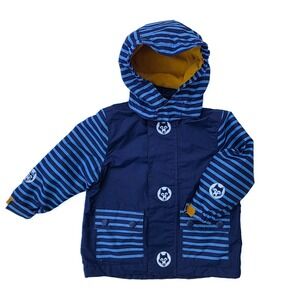 Tchibo Kids Hooded Rain Jacket 74-80 Blue Striped Fleece Lined Husky Reflective